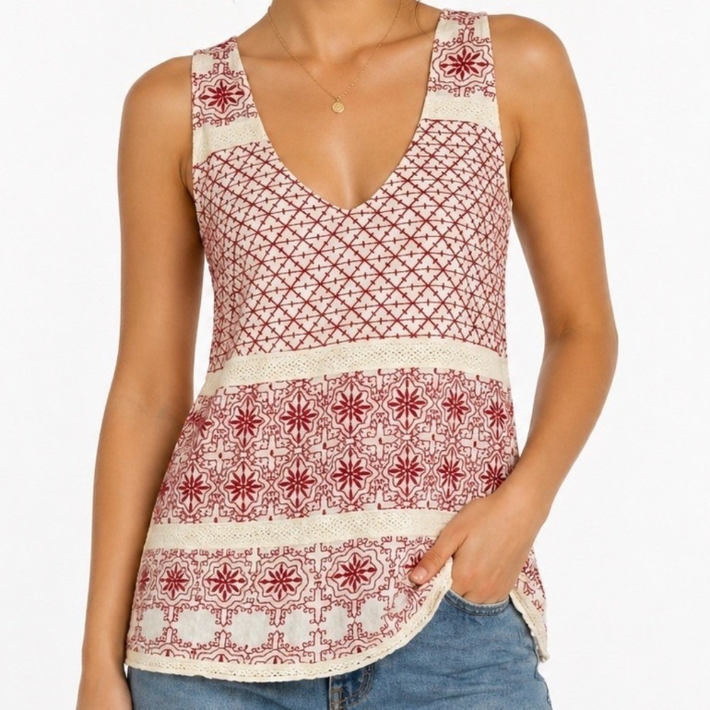 VELVET By Graham & Spencer SZ XS Cotton Red Cream Embroidered Lace Boho